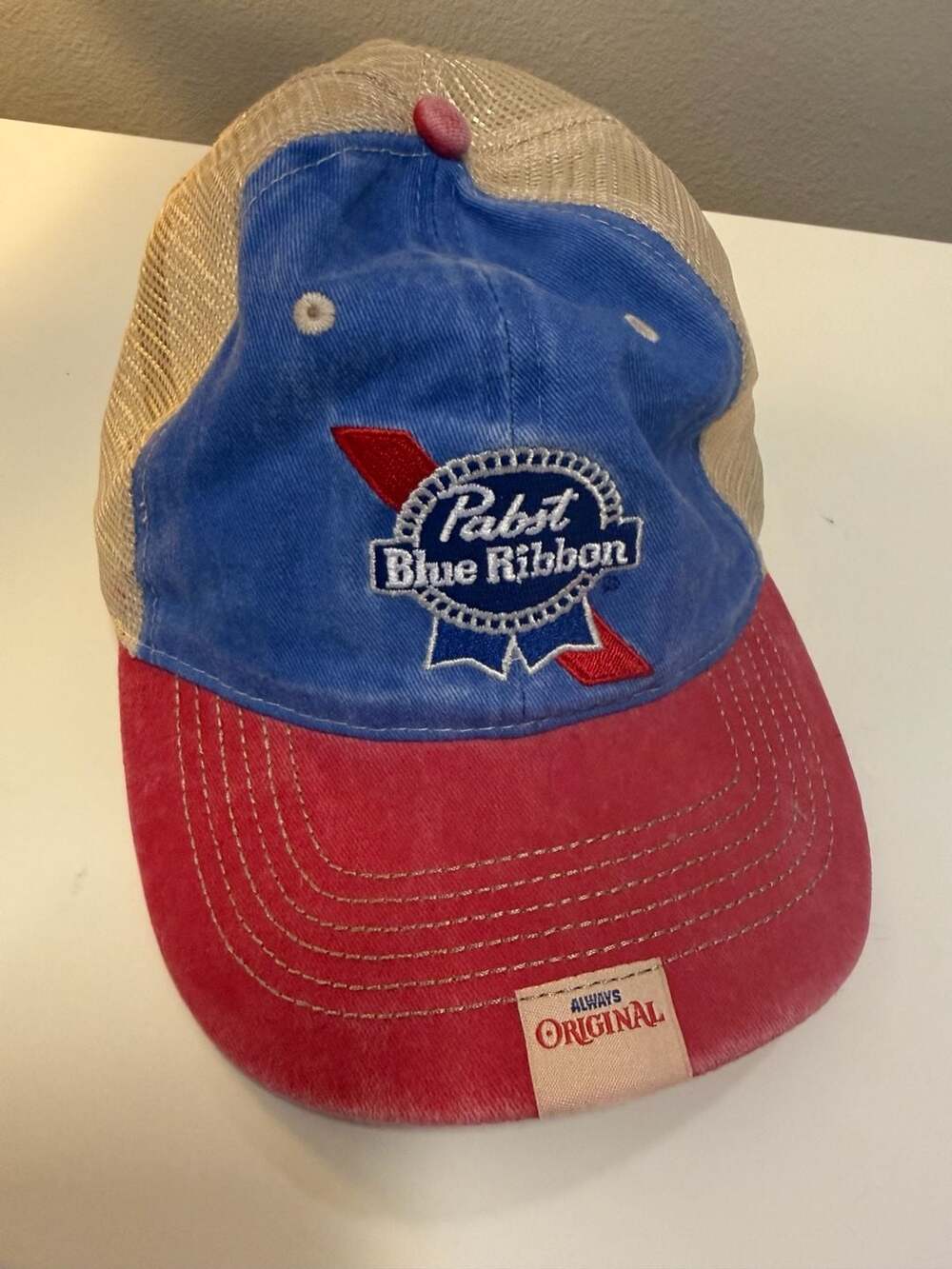 Pabst Blue Ribbon Trucker Hat Blue Red Mesh Snapback